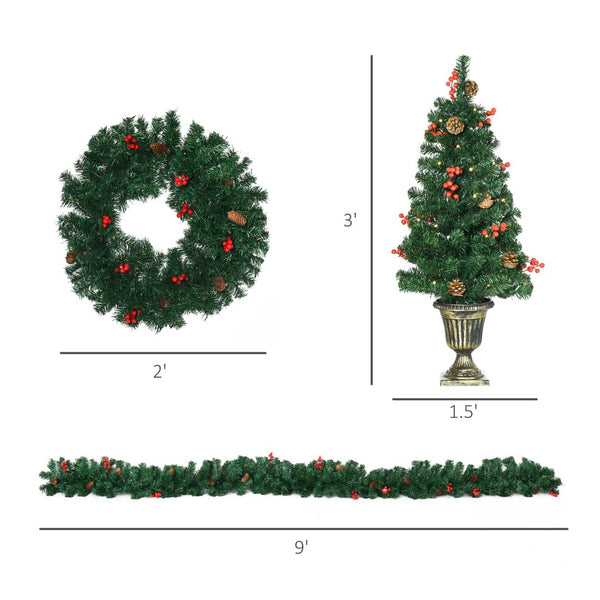 English Elm Christmas Four Piece Holiday Set with Led Lit Trees Wreath Garland Copper Pots T3971P415417