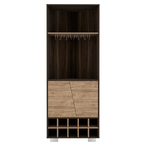 English Elm Fraktal Corner Bar Cabinet with 10-Bottle Wine Rack, Double Doors, 2 Shelves, Multi Finish, Space-Saving Design B070S00324