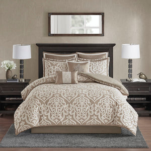 English Elm 8 Piece Jacquard Comforter Set - Luxurious Tan/Ivory Queen Ensemble With Elegant Medallion Design B035128885
