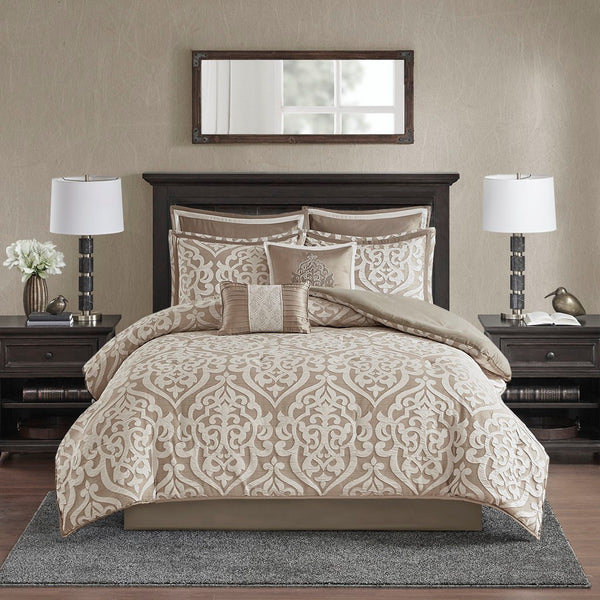 English Elm 8 Piece Jacquard Comforter Set - Luxurious Tan/Ivory Queen Ensemble With Elegant Medallion Design B035128885