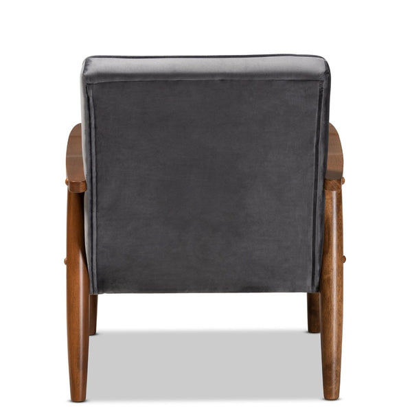 Baxton Studio Baxton Sorrento Mid-Century Modern Grey Velvet Lounge Chair with Walnut Legs for Stylish Comfort BBT8013-Grey Velvet/Walnut-CC
