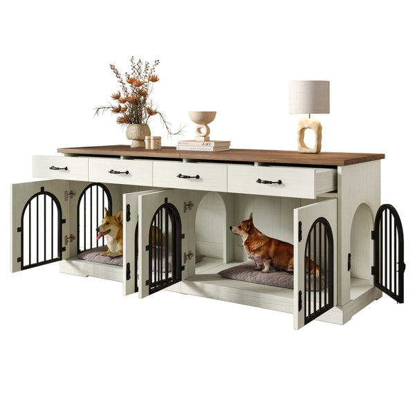 English Elm 70.8" Dual Dog Kennel Console Mdf Cabinet with Arched Iron Doors and Four Drawers N704G201616A