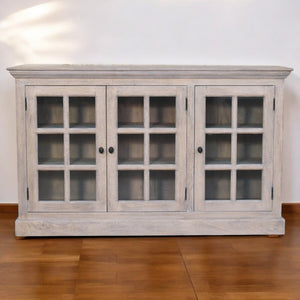 English Elm Solid Wood Stone-Wash Triple Glazed Cabinet – Handcrafted Mango Wood Display With Rustic Charm & Durability B182P279155-GIGA