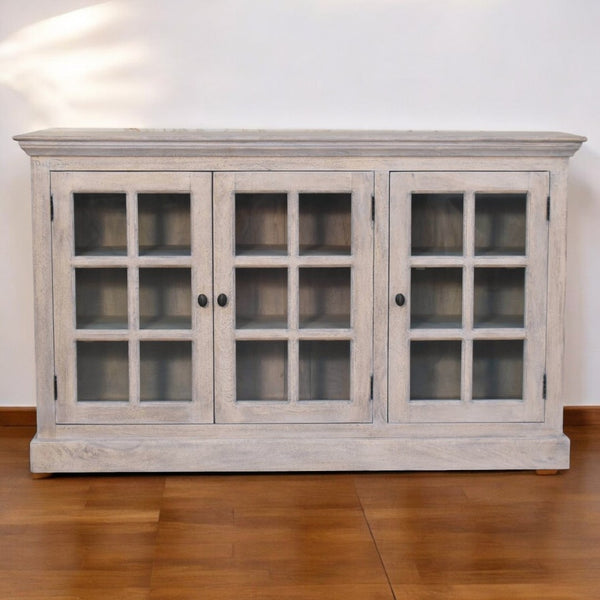 English Elm Solid Wood Stone-Wash Triple Glazed Cabinet – Handcrafted Mango Wood Display With Rustic Charm & Durability B182P279155-GIGA