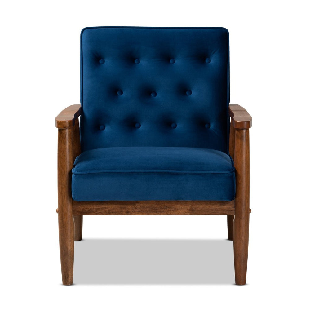 Baxton Studio Baxton Studio Sorrento Mid-Century Modern Velvet Lounge Chair - Stylish Navy Blue Elegance & Comfort BBT8013-Navy Velvet/Walnut-CC