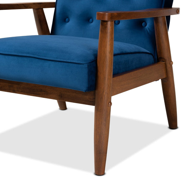 Baxton Studio Baxton Studio Sorrento Mid-Century Modern Velvet Lounge Chair - Stylish Navy Blue Elegance & Comfort BBT8013-Navy Velvet/Walnut-CC