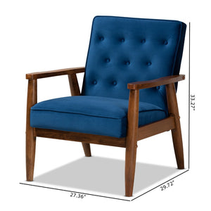 Baxton Studio Baxton Studio Sorrento Mid-Century Modern Velvet Lounge Chair - Stylish Navy Blue Elegance & Comfort BBT8013-Navy Velvet/Walnut-CC
