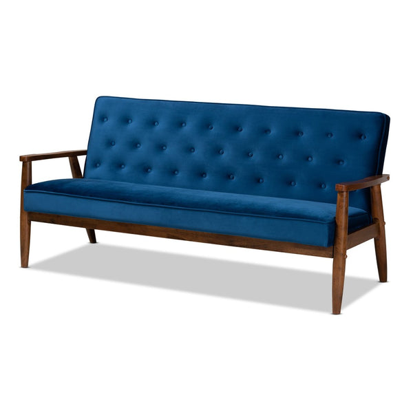 Baxton Studio Baxton Sorrento Navy Blue Velvet 3-Piece Mid-Century Modern Living Room Set with Walnut Accents BBT8013-Navy Velvet/Walnut-3PC Set