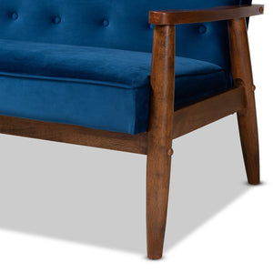 Baxton Studio Baxton Sorrento Navy Blue Velvet 3-Piece Mid-Century Modern Living Room Set with Walnut Accents BBT8013-Navy Velvet/Walnut-3PC Set