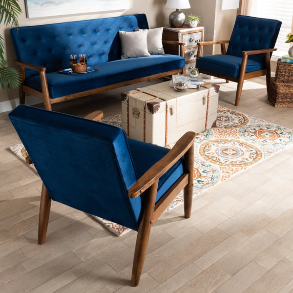 Baxton Studio Baxton Sorrento Navy Blue Velvet 3-Piece Mid-Century Modern Living Room Set with Walnut Accents BBT8013-Navy Velvet/Walnut-3PC Set