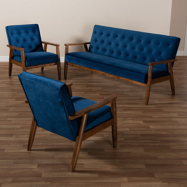Baxton Studio Baxton Sorrento Navy Blue Velvet 3-Piece Mid-Century Modern Living Room Set with Walnut Accents BBT8013-Navy Velvet/Walnut-3PC Set