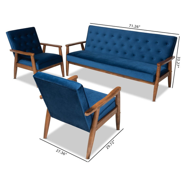 Baxton Studio Baxton Sorrento Navy Blue Velvet 3-Piece Mid-Century Modern Living Room Set with Walnut Accents BBT8013-Navy Velvet/Walnut-3PC Set