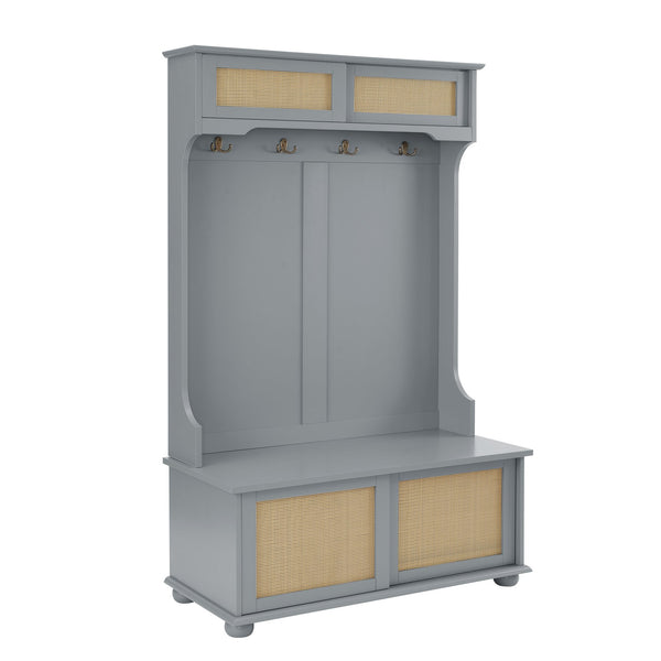 English Elm Clothes Hall Tree Storage Bench with Adjustable Shelves, Sliding Doors, Solid Poplar Feet & Shoe Bench Gray W2275P210041