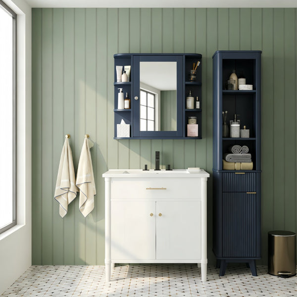 English Elm Bathroom Wall Cabinet with Mirror Door Open Shelving and Adjustable Interior Storage Blue N817P375228B