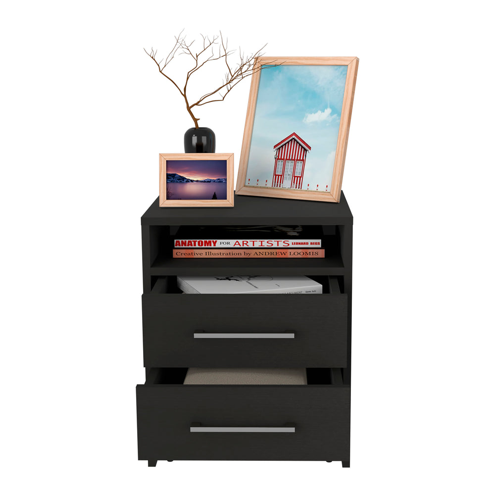 English Elm Greter Two-Drawer Nightstand with Open Shelf, Compact 24" Height, Modern Scratch-Resistant Top and Ample Storage Black 28 L x 20.5 W x 5.5 H B200P240254