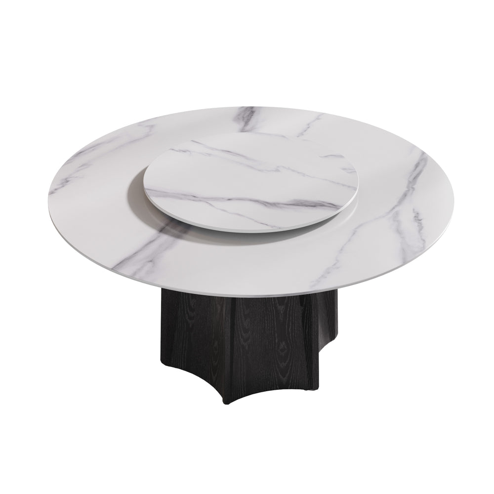 English Elm 59.05" Round Marble Dining Table With Black Oak Base & White Turntable - Seats 6-8, Stylish & Durable W1535S00386