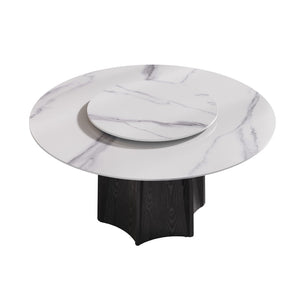 English Elm 59.05" Round Sintered Stone Dining Table Seats 8 with Oak Base and Lazy Susan W1535S00616