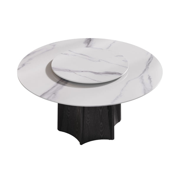 English Elm 59.05" Round Sintered Stone Dining Table Seats 8 with Oak Base and Lazy Susan W1535S00616
