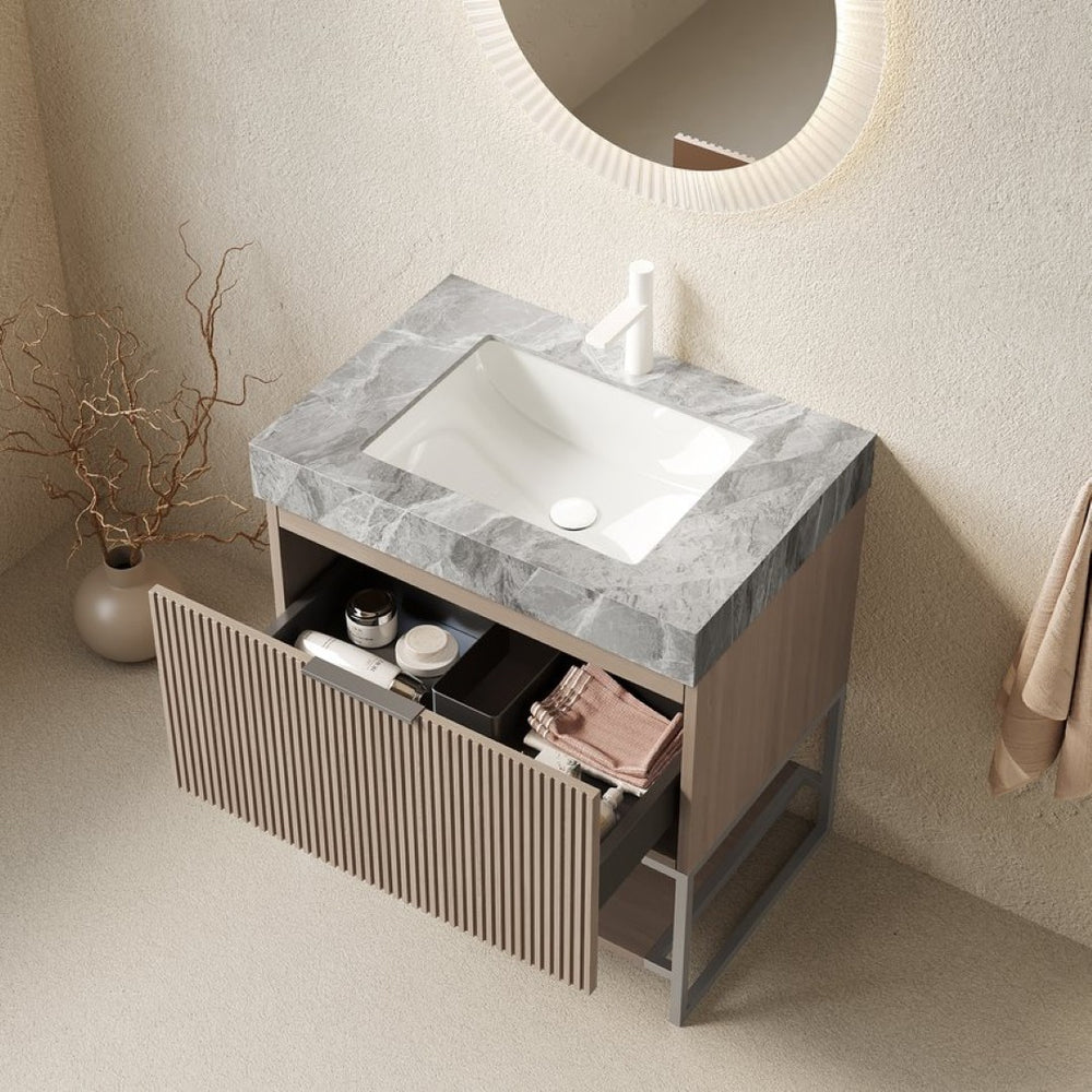 English Elm Yolan 30 Inch Freestanding Bathroom Vanity Plywood Cabinet Sintered Stone Top Oak Finish W2615S00654