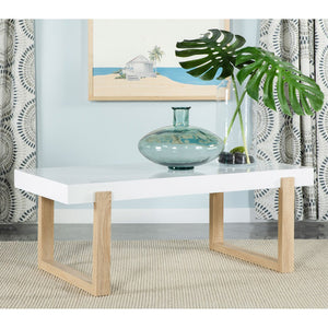 English Elm Gwen High Gloss White Coffee Table With Natural Wood Sled Base - Modern Minimalist Centerpiece B062P333453