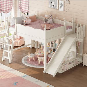 English Elm Queen Solid Pine Loft Bed with Wardrobe Shelves Detachable Slide and Dual Sleeping Zones Beige W5305S00028