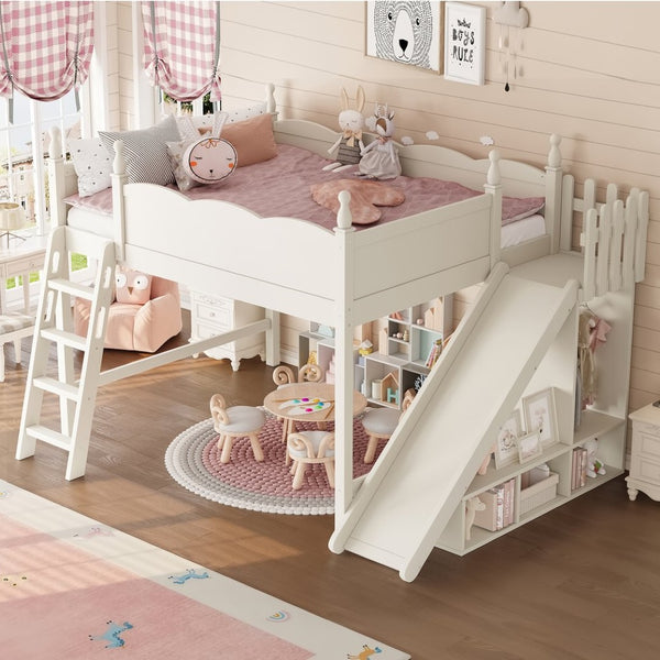 English Elm Queen Solid Pine Loft Bed with Wardrobe Shelves Detachable Slide and Dual Sleeping Zones Beige W5305S00028