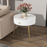 19.6'' High Gloss Marble End Tables, Set of 2, Modern Fluted with Drawers, Round Coffee Tables, Golden Legs, White