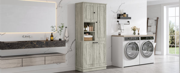 English Elm Tall Storage Cabinet with Flip-Out Basket, Adjustable Shelves & Aluminum Handles for Organized Living Oak N725P322739L