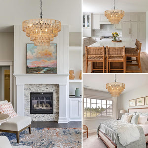 English Elm Boho Rattan Chandelier 6-Light Rustic Wicker Pendant with 4-Tier Handwoven Shade Farmhouse Chic W2738P185416