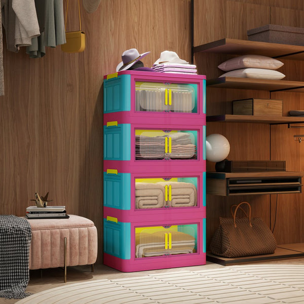 English Elm Happy 20" Side Wide Folding Storage Cabinet with 5 Tiers, Wheels, Magnetic Door, Durable PP Design Pink+Blue W2873P279886