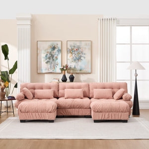 English Elm U Shaped Modular Cloud Sectional Deep Seat Flannelette Sofa with Rounded Bolster Armrests Pink W2120S00040