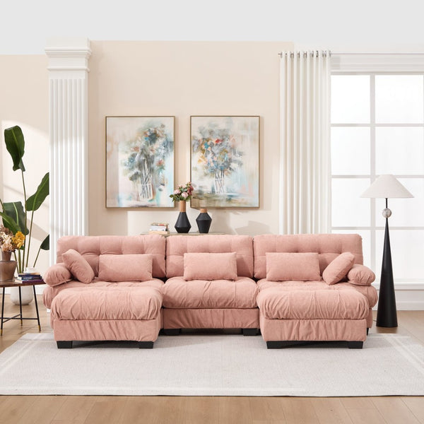 English Elm U Shaped Modular Cloud Sectional Deep Seat Flannelette Sofa with Rounded Bolster Armrests Pink W2120S00040