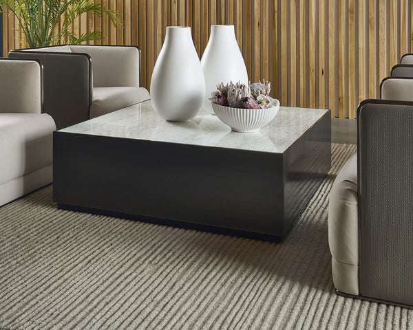 Sunpan Selah Coffee Table: Elegant White Carrara Marble Top & Black Steel Frame for Modern Living Spaces