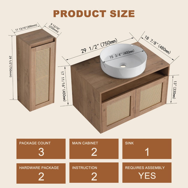 English Elm 30" Wall Mounted Bathroom Vanity Oak Finish Ceramic Art Sink Soft Close Storage W999S00495