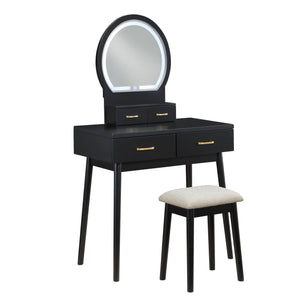 English Elm Beautiful LED Vanity Dresser with Touch Mirror and Padded Stool, Luxe Wood Finish, Brass Pulls, Storage Black 33.75 L x 21.75 W x 13.25 H B011P347325