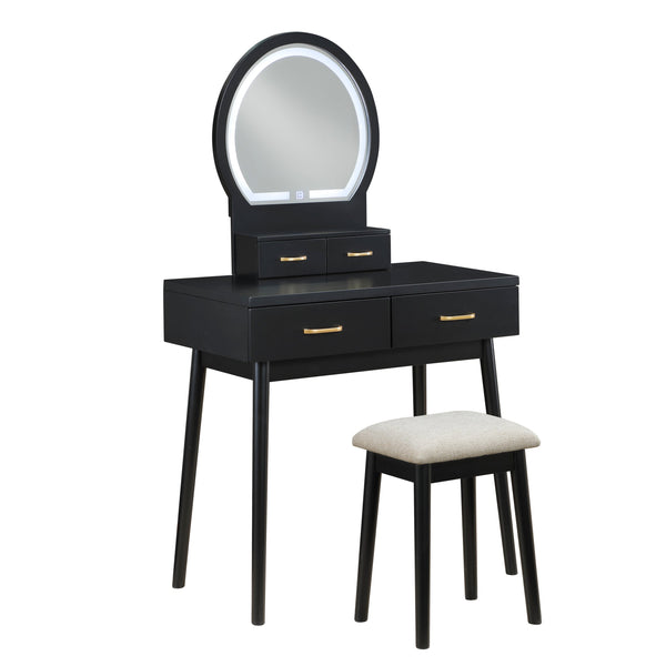 English Elm Beautiful LED Vanity Dresser with Touch Mirror and Padded Stool, Luxe Wood Finish, Brass Pulls, Storage Black 33.75 L x 21.75 W x 13.25 H B011P347325