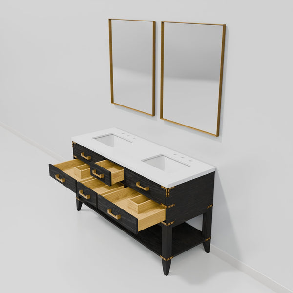 English Elm Black Oak Double Bath Vanity With White Quartz Top, Soft-Close Drawers & Matching Mirrors, 60"W B2731S02162
