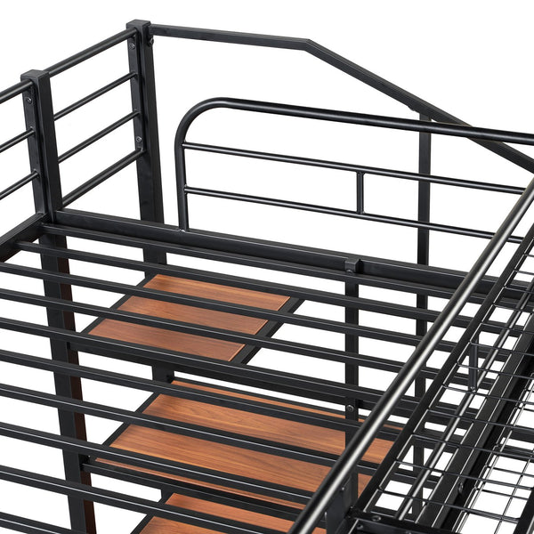 English Elm Twin Metal Loft Bed with Upper Grid Storage Shelf and 4-Layer Ladder Shelves for Space Saving Black SF100081AAB