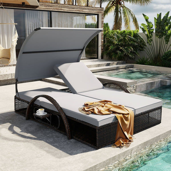 English Elm U_style Outdoor Double Sun Lounger Hdpe Wicker Steel Frame with Canopy Pop up Tables Gray WY000485AAE