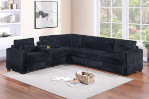English Elm Modern Corduroy L-shaped Sectional with Usb Charging Console Cup Holders Living Room Black B011S02208