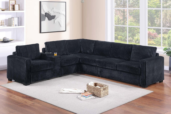 English Elm Modern Corduroy L-shaped Sectional with Usb Charging Console Cup Holders Living Room Black B011S02208