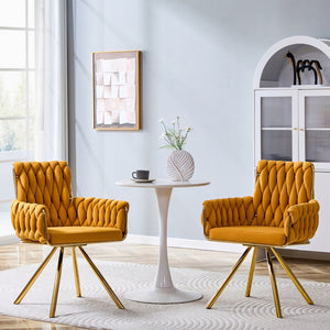 English Elm Set of 2 Velvet Upholstered Dining Chairs Braided Rope Back Glam Metal Legs Gold,Yellow W3875P383935