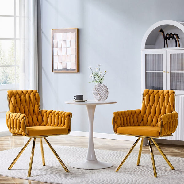 English Elm Set of 2 Velvet Upholstered Dining Chairs Braided Rope Back Glam Metal Legs Gold,Yellow W3875P383935