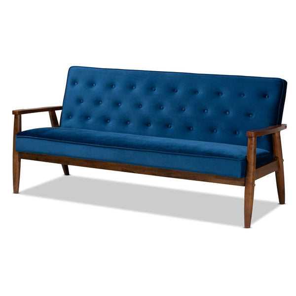 Baxton Studio Baxton Sorrento Mid-Century Modern Navy Blue Velvet Sofa - Stylish 3-Seater for Small Spaces BBT8013-Navy Velvet/Walnut-SF
