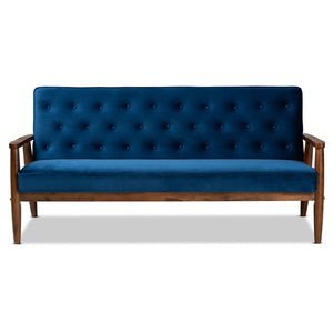 Baxton Studio Baxton Sorrento Mid-Century Modern Navy Blue Velvet Sofa - Stylish 3-Seater for Small Spaces BBT8013-Navy Velvet/Walnut-SF