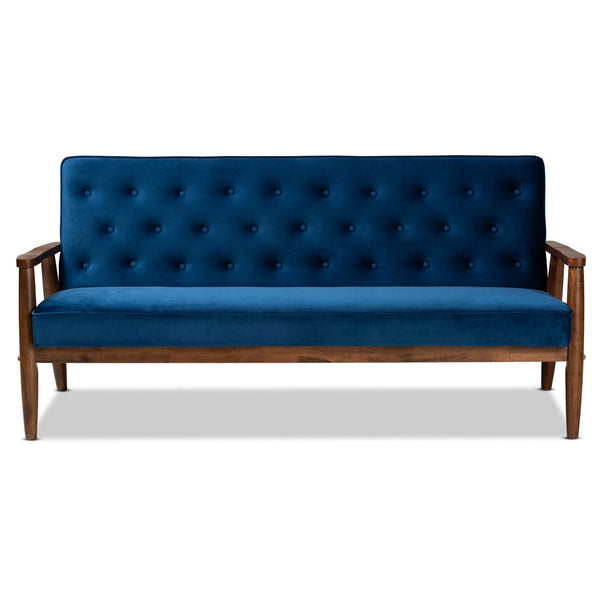 Baxton Studio Baxton Sorrento Mid-Century Modern Navy Blue Velvet Sofa - Stylish 3-Seater for Small Spaces BBT8013-Navy Velvet/Walnut-SF