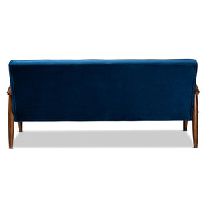 Baxton Studio Baxton Sorrento Mid-Century Modern Navy Blue Velvet Sofa - Stylish 3-Seater for Small Spaces BBT8013-Navy Velvet/Walnut-SF