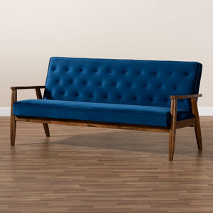 Baxton Studio Baxton Sorrento Mid-Century Modern Navy Blue Velvet Sofa - Stylish 3-Seater for Small Spaces BBT8013-Navy Velvet/Walnut-SF