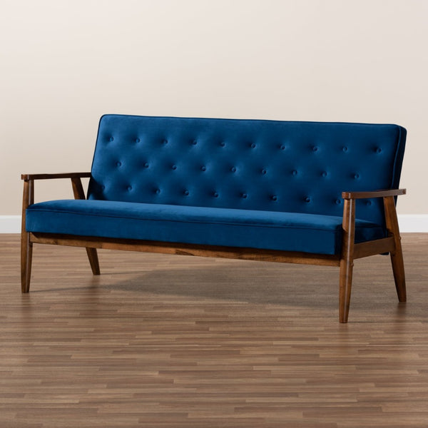 Baxton Studio Baxton Sorrento Mid-Century Modern Navy Blue Velvet Sofa - Stylish 3-Seater for Small Spaces BBT8013-Navy Velvet/Walnut-SF
