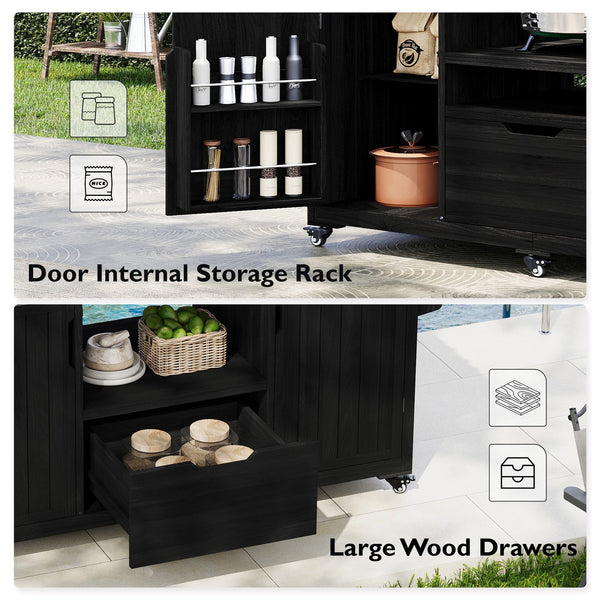 English Elm K&K 66.5" Outdoor Kitchen Island with 1.2" Stainless Steel Top, Ample Storage, Wheels & Bottle Opener Black N707P250629B